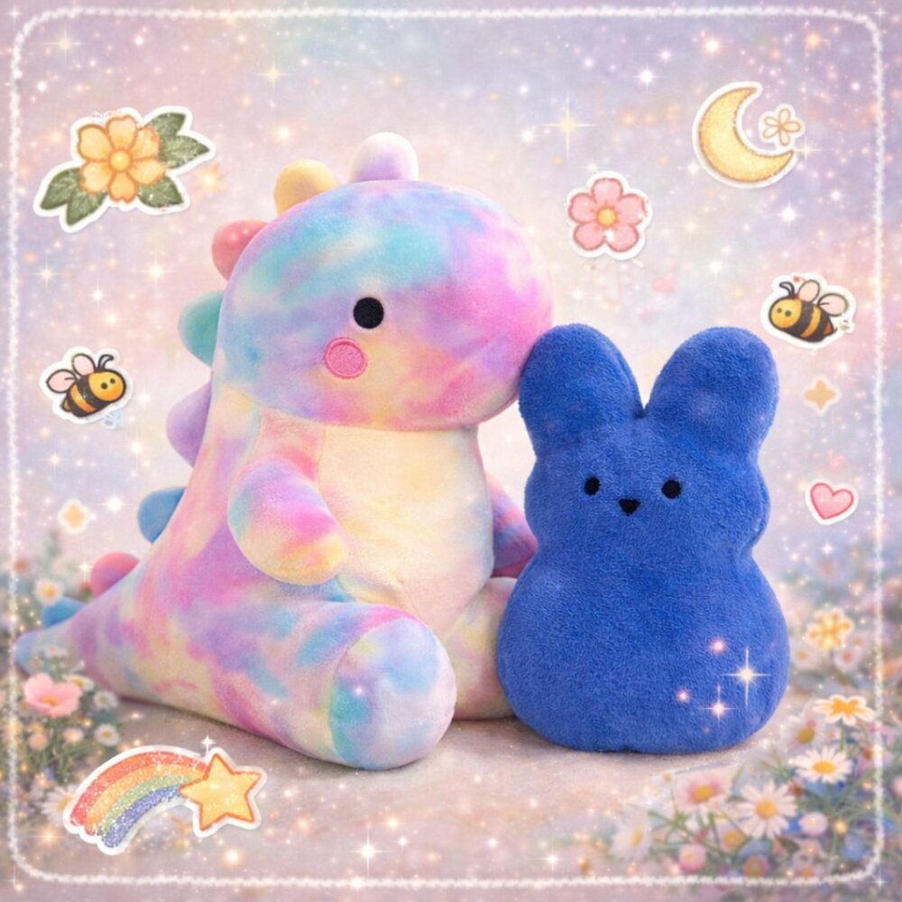 Pastel Rainbow Dino & Blue Mini Peep Plush Set 12” 6” Bundle